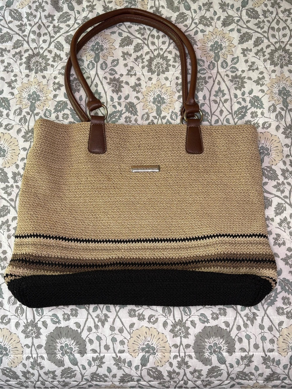 Woven Straw Tote with Brown Handles in Natural & Black
